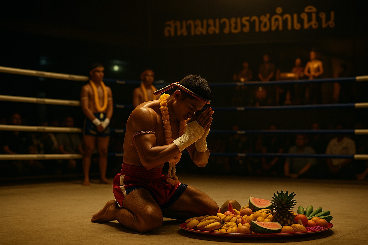Ein Muay-Thai-Kämpfer kniet in einem Boxring vor einem Tablett mit Früchten und betet, begleitet von traditionellen Ritualen vor dem Kampf.
