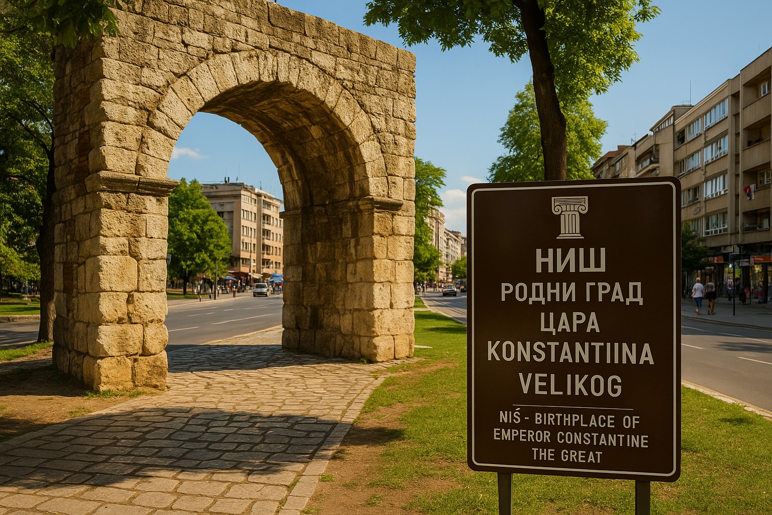 Ein hochauflösendes Foto zeigt einen römischen Steinbogen in Niš, Serbien, mit einem Informationsschild, das auf Serbisch und Englisch die Stadt als Geburtsort von Kaiser Konstantin dem Großen ausweist.
