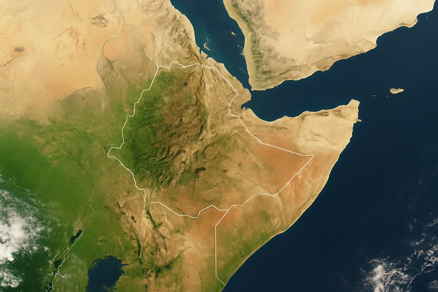 Eine Satellitenaufnahme zeigt Äthiopien aus der Vogelperspektive. Deutlich zu erkennen sind die Landesgrenzen, das Hochland im Zentrum und die umliegenden Nachbarländer. Die Aufnahme hebt Äthiopiens geografische Ausdehnung in Ostafrika hervor.
