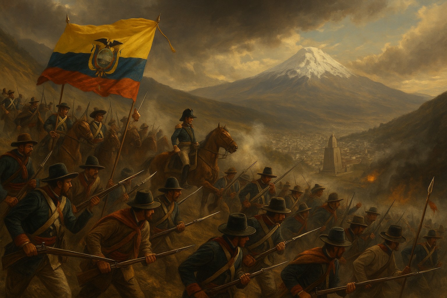 Ein historisches Gemälde zeigt die Schlacht von Pichincha im Jahr 1822, bei der ecuadorianische Soldaten mit erhobenen Gewehren einen Berghang hinaufstürmen, angeführt von General Sucre auf einem Pferd. Im Hintergrund ist die Stadt Quito und ein schneebedeckter Vulkan sichtbar.
