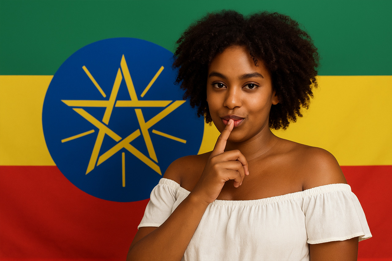 Selbstbewusste Äthiopierin vor Nationalflagge – 1280 × 853 PNG
