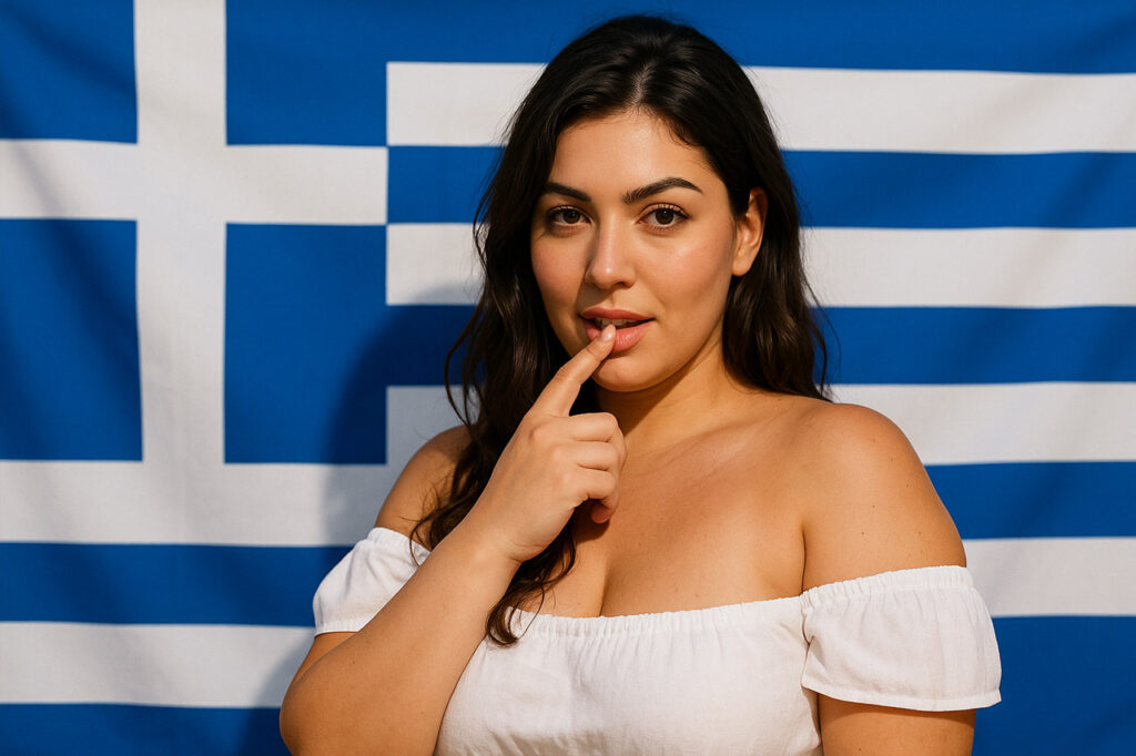 Fotorealistisches Porträt einer jungen Griechin mit olivfarbener Haut und dunkel gewelltem Haar, die in einer schulterfreien weißen Bluse vor der griechischen Flagge steht und spielerisch den Finger an die Lippen legt.