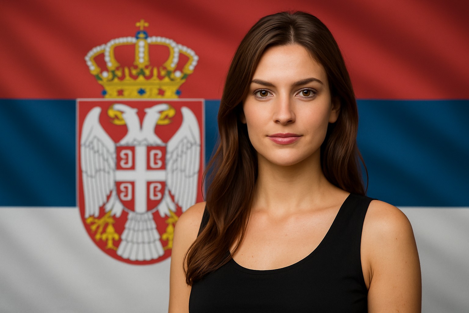 Serbische Frau vor der Flagge Serbiens