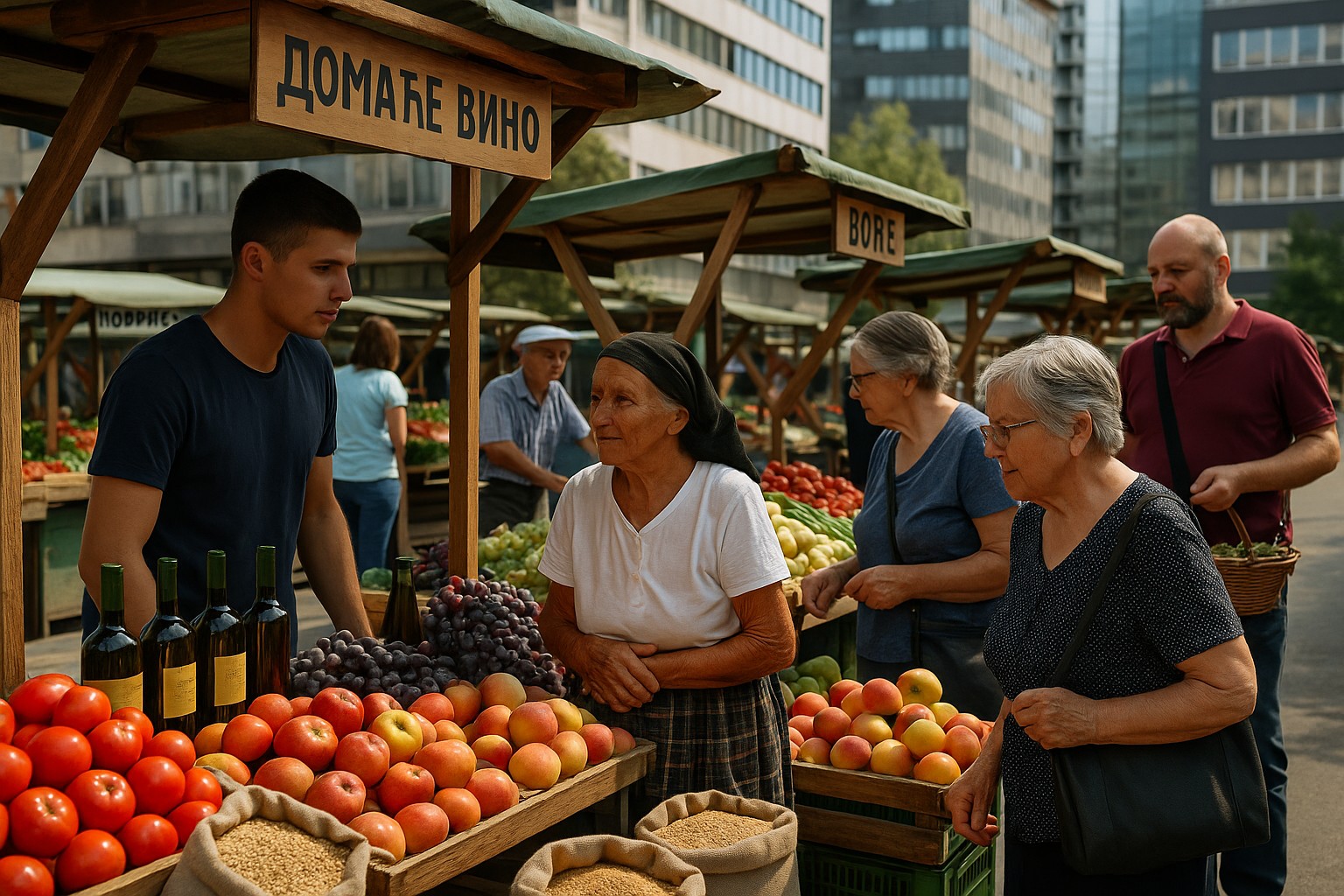 Ein belebter serbischer Bauernmarkt im Freien mit Holzständen, die frisches Obst, Gemüse, Wein und Getreide präsentieren, während Menschen im Gespräch und beim Einkaufen sind, umgeben von modernen Bürogebäuden.

