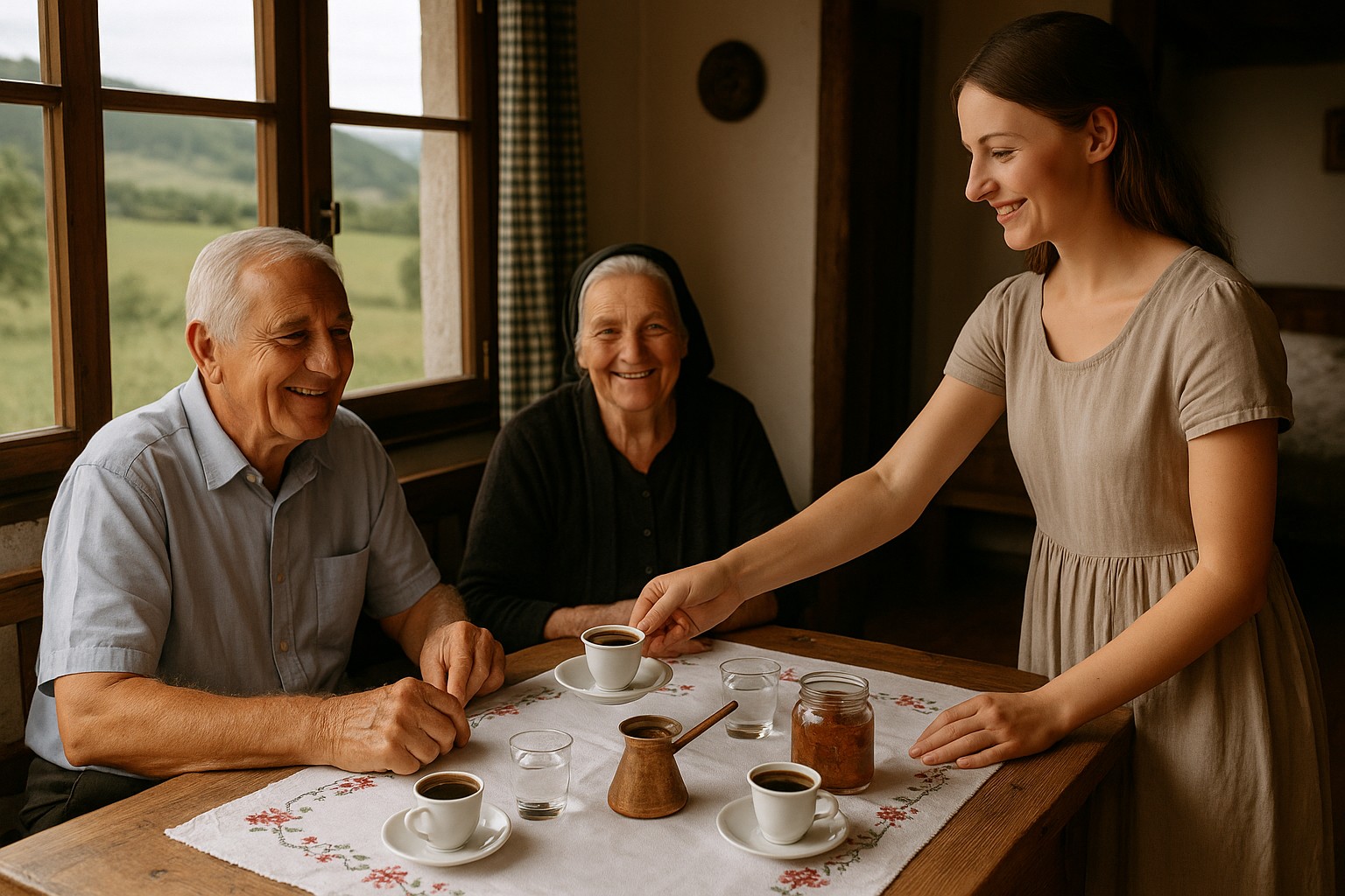 Eine junge serbische Frau serviert Kaffee an ein älteres Paar in einem traditionellen, ländlichen Haus, mit Kupfer-Džezva, Porzellantassen und Blick auf grüne Felder durch das Fenster.
