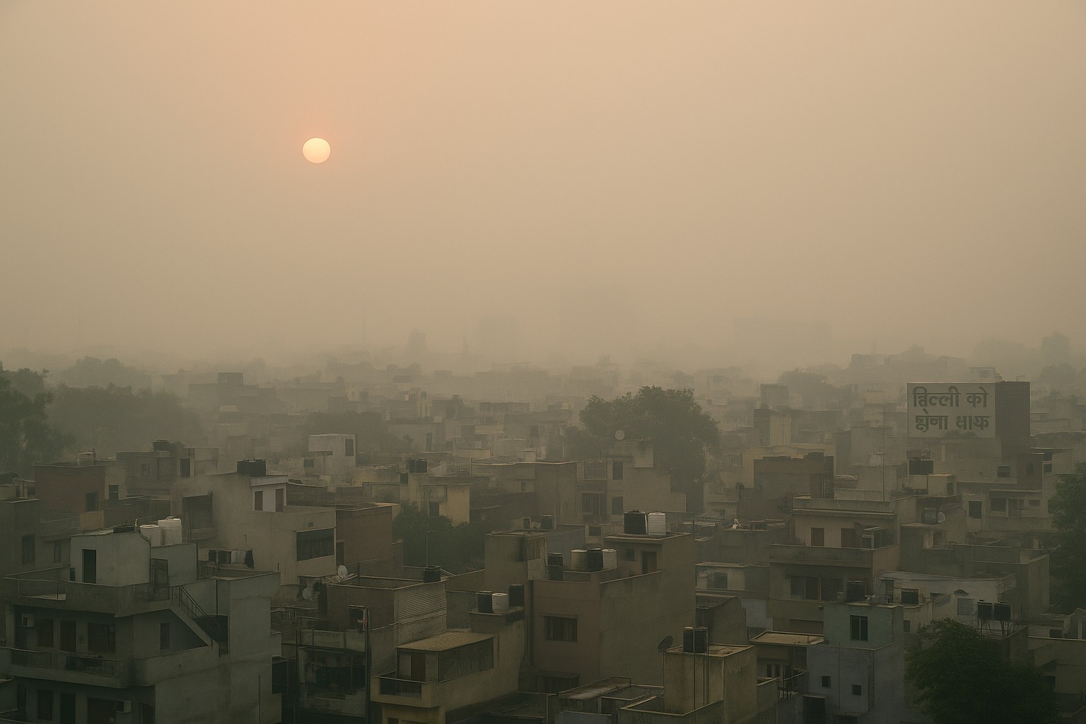 Eine Panoramaaufnahme von Neu-Delhi zeigt eine dichte Smogschicht, die die Stadt in ein orange-graues Licht taucht. Die Sonne ist schwach durch den Nebel sichtbar, während sich flache Gebäude mit Wassertanks und Satellitenschüsseln dicht an dicht über die Bildfläche erstrecken. Rechts im Bild erscheint ein Schild auf Hindi: "दिल्ली को होगा साफ़" (Delhi wird sauber sein).

