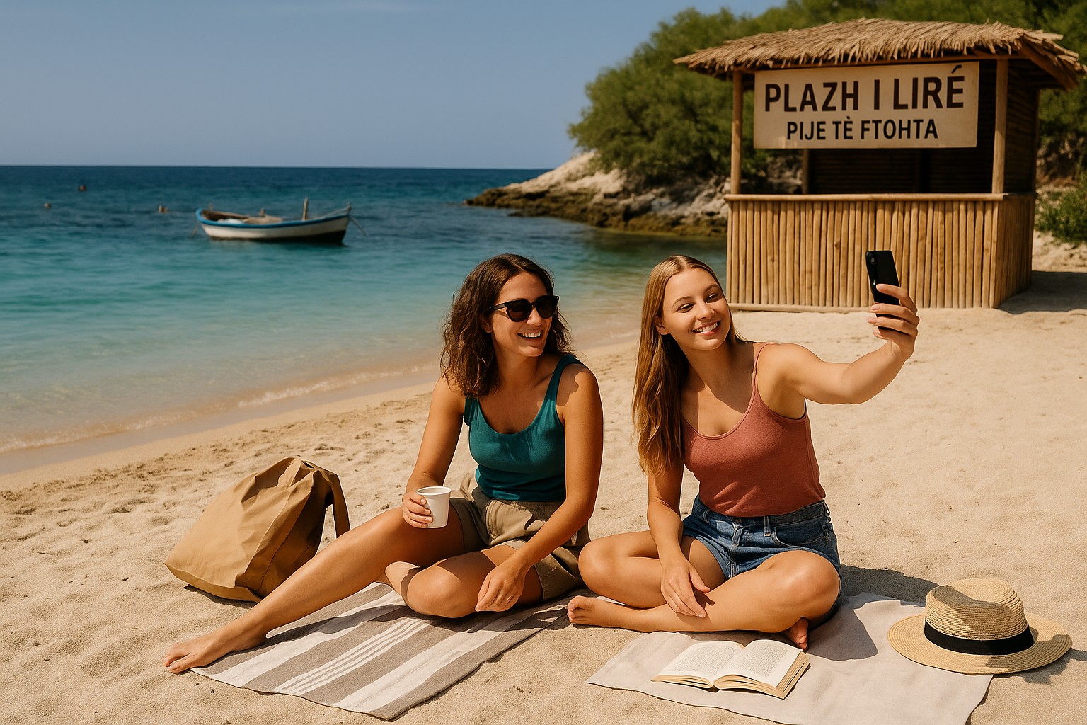 Zwei junge Frauen sitzen entspannt am Sandstrand von Ksamil, Albanien. Eine von ihnen macht ein Selfie, während die andere mit Sonnenbrille lächelt und ein Getränk hält. Im Hintergrund das türkisfarbene Meer, ein traditionelles Holzboot und eine Strandbar mit der albanischen Aufschrift „PLAZH I LIRË – PIJE TË FTOTHA“.
