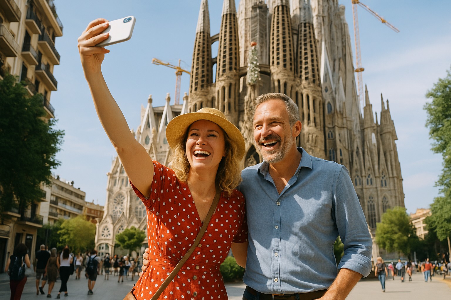 Eine fröhliche Touristin mittleren Alters mit Sonnenhut und Kamera steht auf einer Aussichtsterrasse in Barcelona, mit Blick auf die Stadt und das Mittelmeer im Hintergrund. 