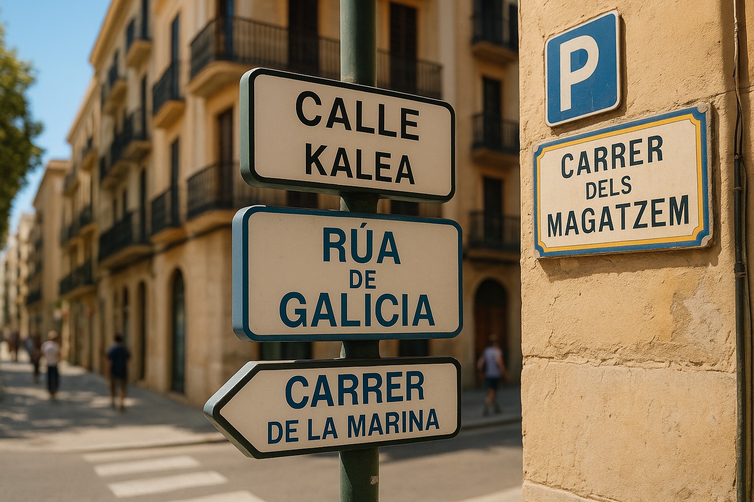 Straßenschilder in Spanien mit vier verschiedenen Sprachen (Spanisch, Baskisch, Galicisch und Katalanisch) an einem sonnigen Straßenkreuzungspunkt 