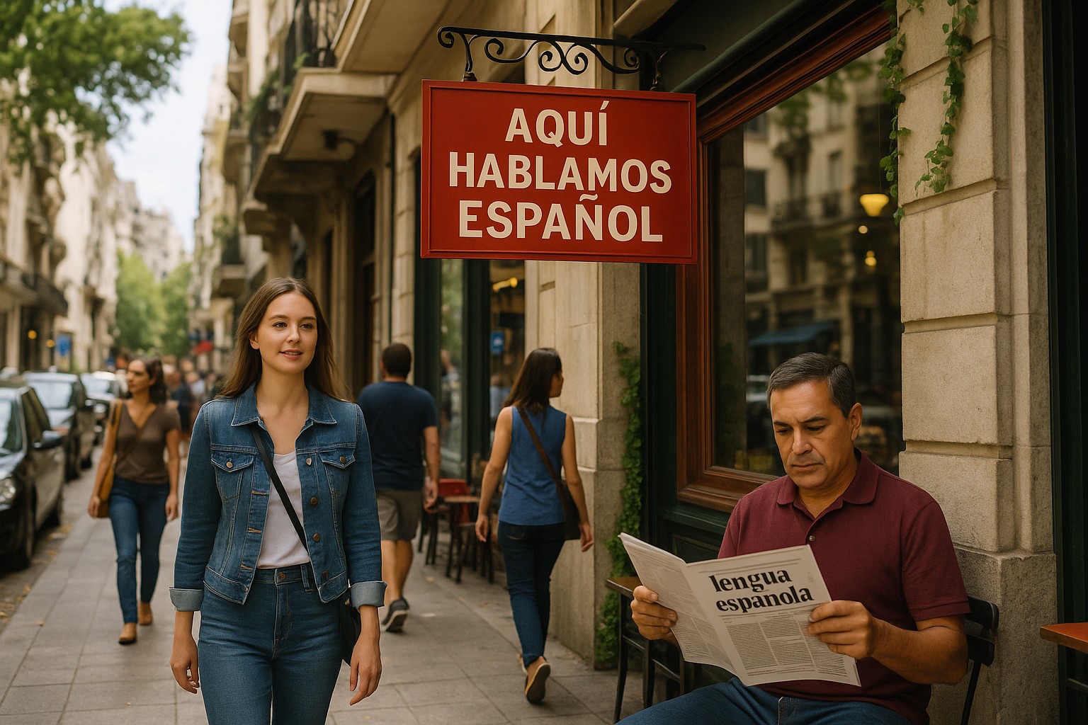Eine belebte Straße in Buenos Aires bei Tageslicht zeigt ein rotes Schild mit der Aufschrift „Aquí hablamos español“ über dem Eingang eines Geschäfts. Im Vordergrund geht eine junge Frau lächelnd vorbei, während ein Mann neben dem Eingang sitzt und eine spanischsprachige Zeitung liest. 