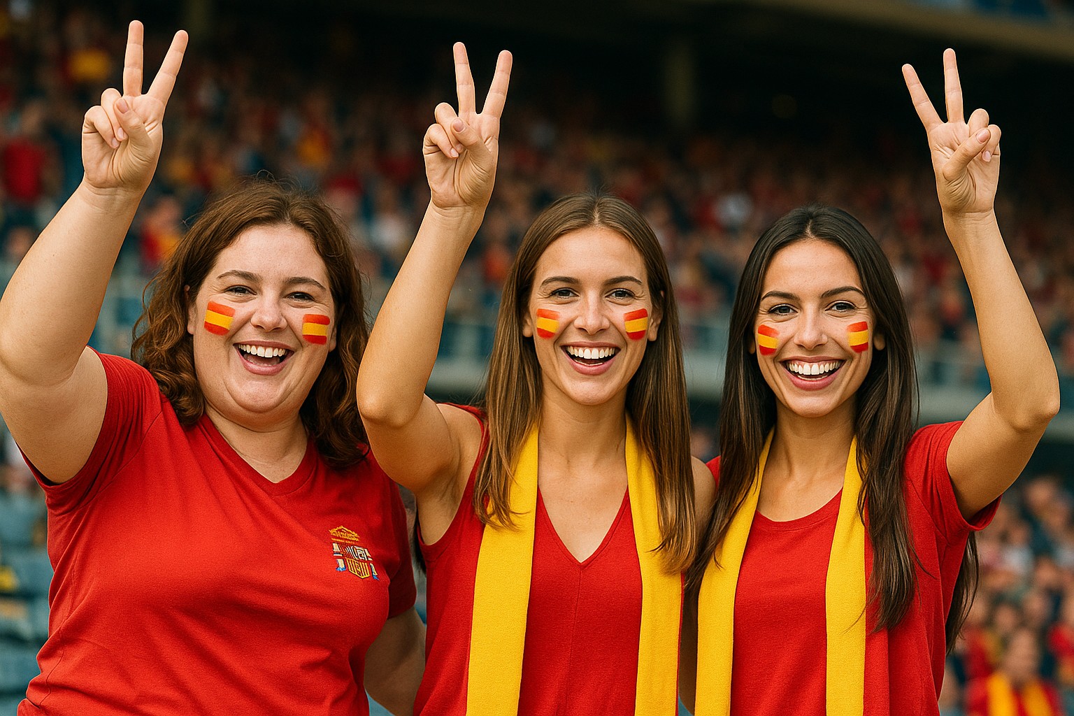 Drei junge spanische Frauen im Stadion mit spanischen Flaggen auf den Wangen und Victory-Zeichen 