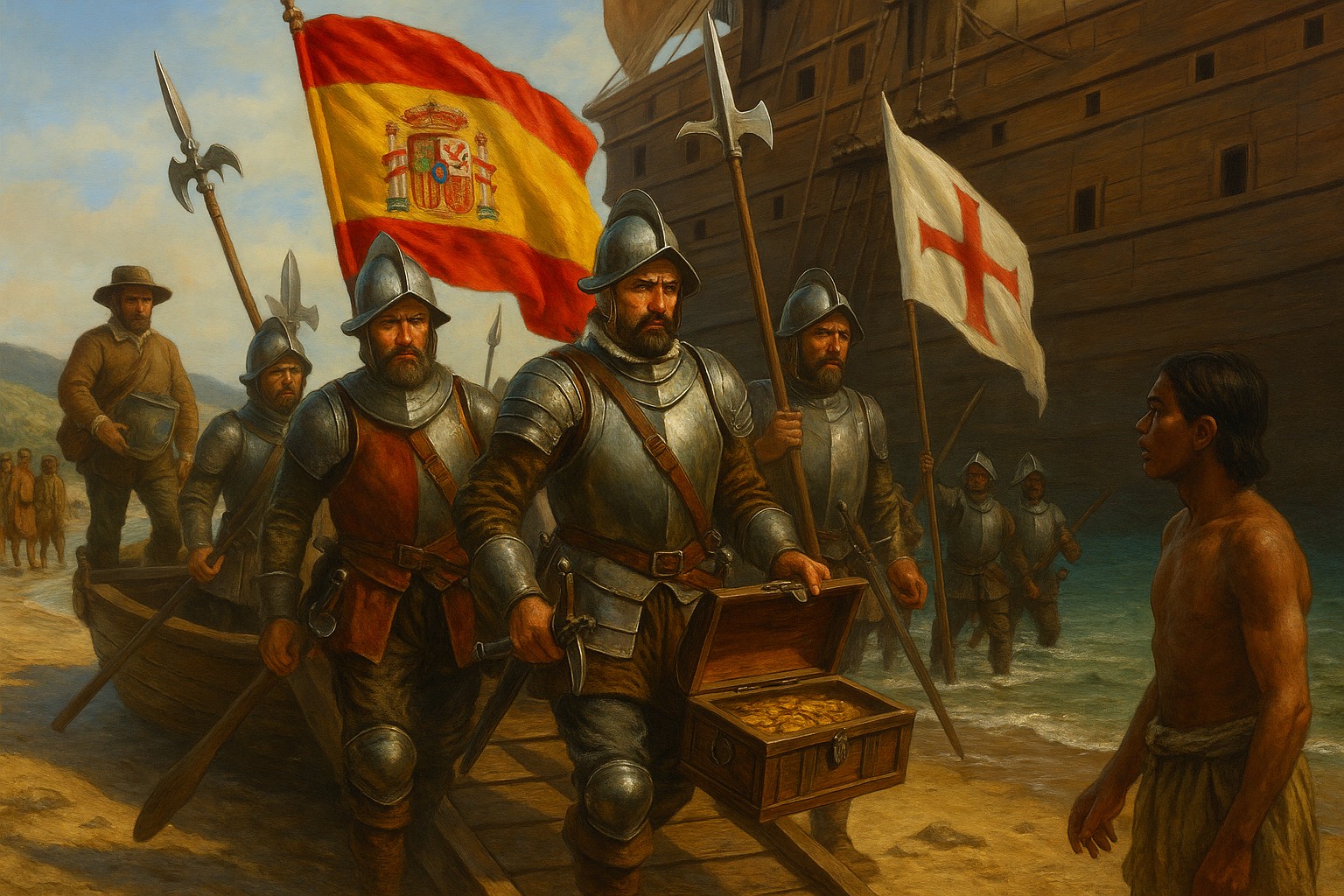 Ein historisches Gemälde zeigt spanische Konquistadoren auf einem Schiff, mit goldenen Rüstungen und einer bedrohlichen Atmosphäre – Symbol der brutalen Kolonialisierung Lateinamerikas. 