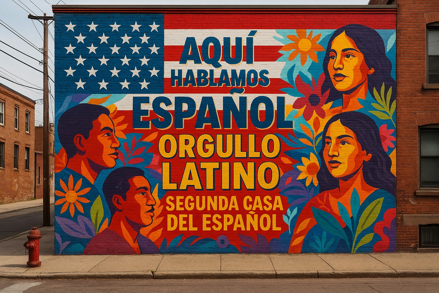 Eine bunte Wandmalerei auf einem Backsteingebäude zeigt die US-Flagge kombiniert mit großen spanischen Schriftzügen: „Aquí hablamos español“, „Orgullo Latino“ und „Segunda casa del español“. Umgeben von Porträts lateinamerikanischer Gesichter und floralen Mustern. 