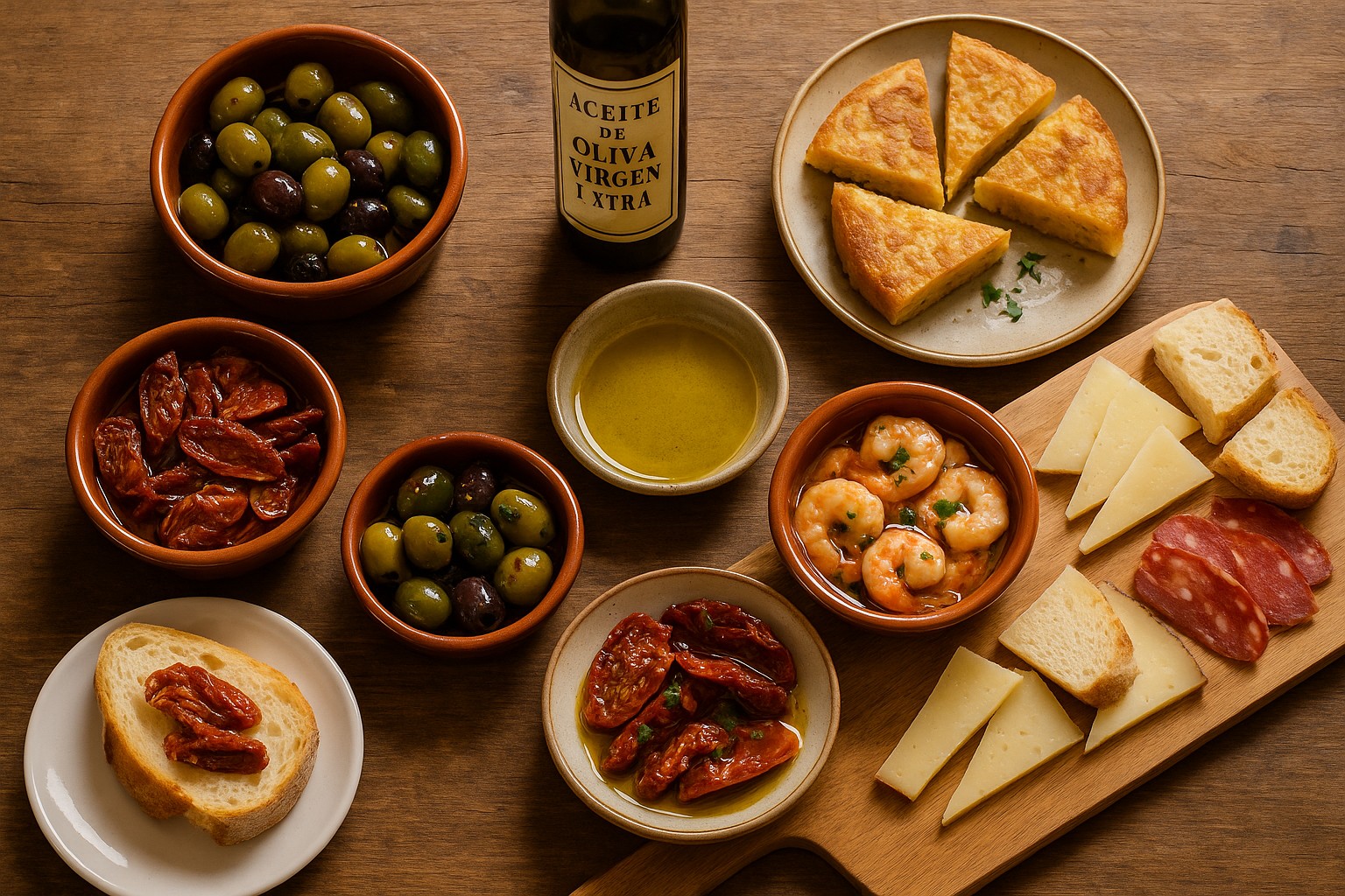  Eine Auswahl spanischer Tapas – darunter Oliven, getrocknete Tomaten, Garnelen, Tortilla, Manchego-Käse und Chorizo – liegt auf einem rustikalen Holztisch, mit einer zentralen Flasche „Aceite de Oliva Virgen Extra“. 