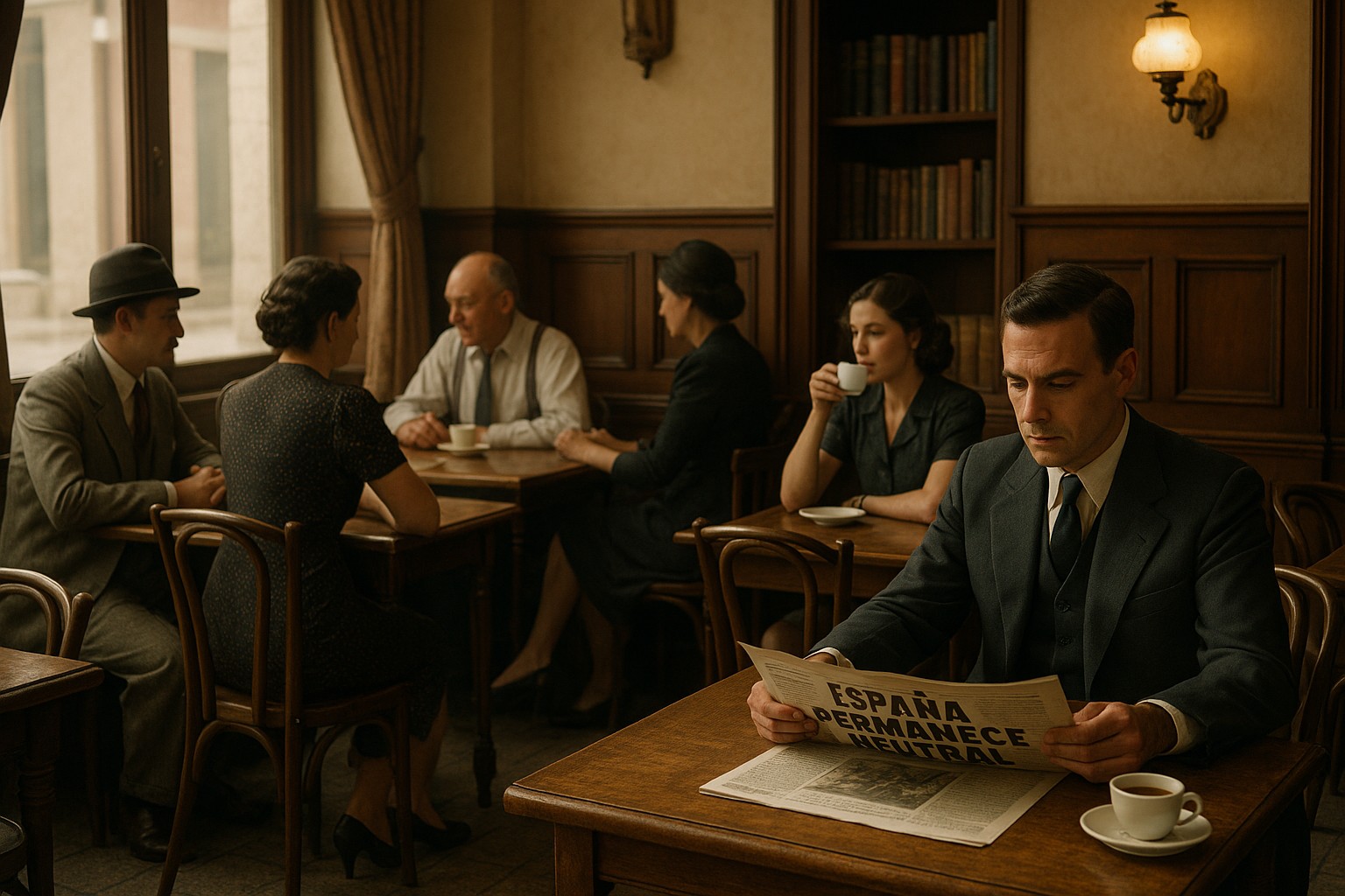 Ein historisches Foto zeigt ein spanisches Café in den 1940er-Jahren mit Männern und Frauen in zeittypischer Kleidung, die ruhig bei Kaffee und Zeitung sitzen. Auf der Zeitung ist die Schlagzeile „España permanece neutral“ zu lesen. 