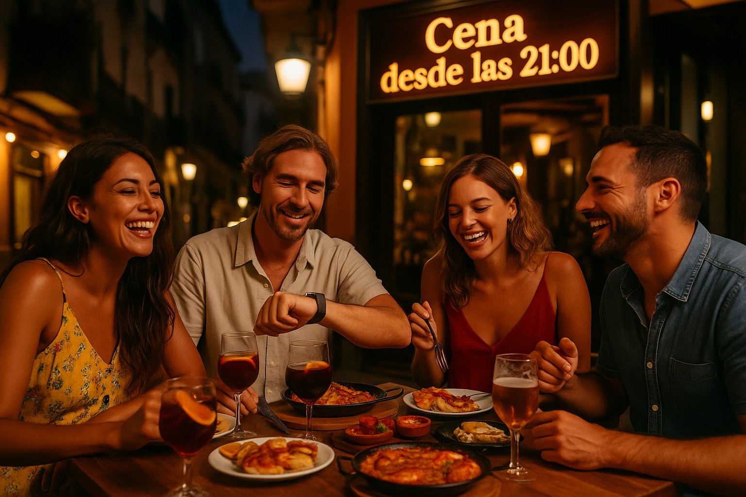 Vier Freunde essen abends draußen in Spanien, mit traditionellen Gerichten und Getränken auf dem Tisch, im Hintergrund ein Schild mit der Aufschrift „Cena desde las 21:00“. 