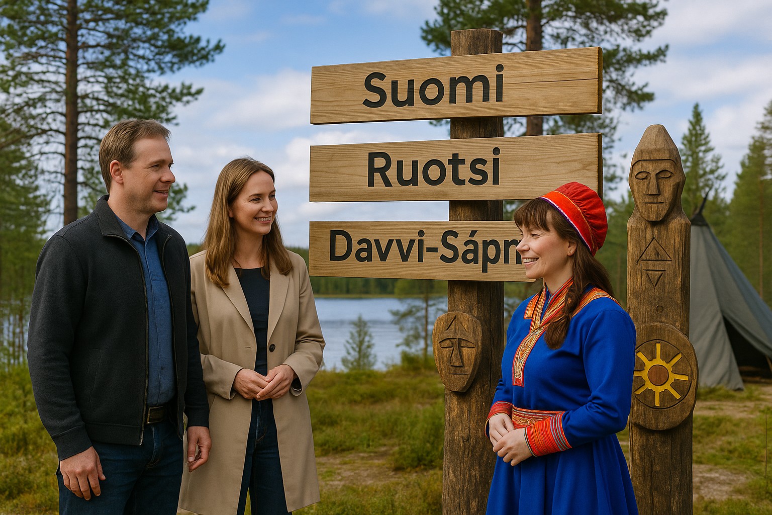 Drei Menschen stehen vor einem Holzschild mit den Sprachen Finnisch (Suomi), Schwedisch (Ruotsi) und Nord-Sámi (Davvi-Sápmi) vor typisch finnischer Natur mit See und Sami-Zelt.
