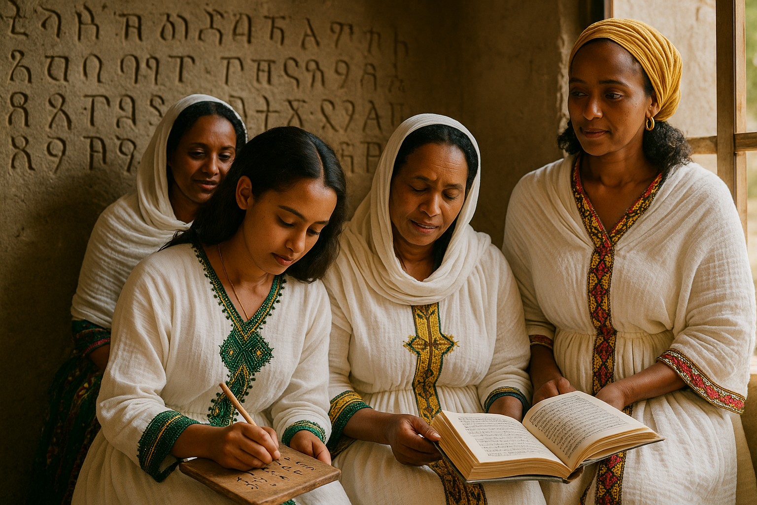 Äthiopische Frauen verschiedener Ethnien lernen gemeinsam in einem traditionellen Klassenzimmer mit Geʽez-Schrift an der Wand.

