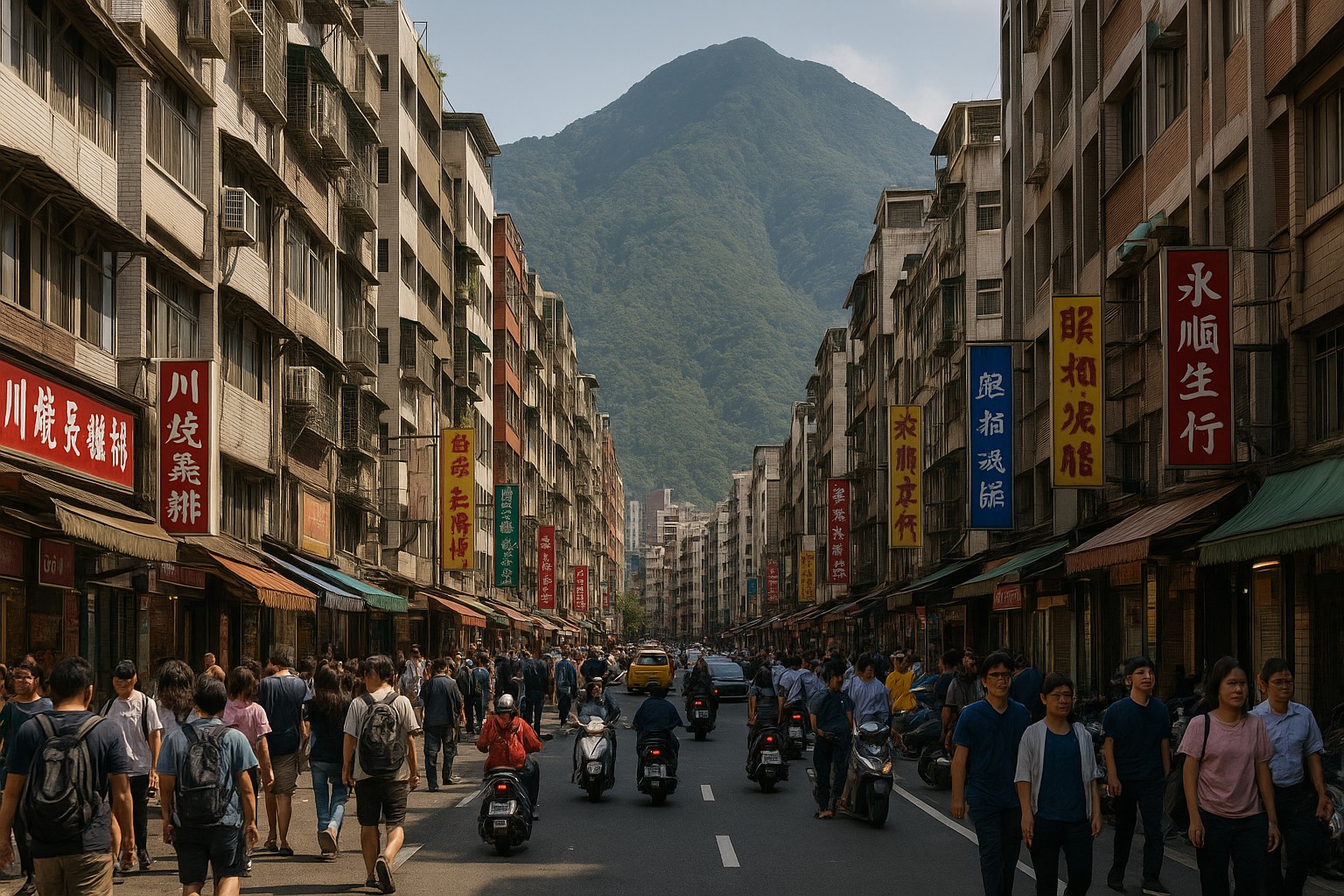 Menschenmengen und Motorroller füllen eine enge Straße in einer taiwanischen Stadt, mit dichten Wohnhäusern und grünen Bergen im Hintergrund.
