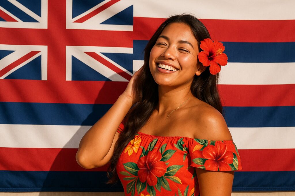 Junge Hawaiianerin mit Hibiskusblüte im Haar vor der hawaiianischen Flagge
