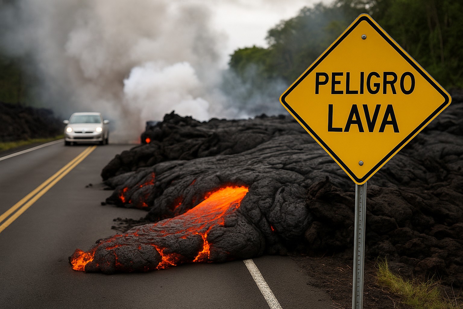 Ein aktiver Lavastrom vom Vulkan Kīlauea schiebt sich tagsüber über eine asphaltierte Straße; ein gelbes Warnschild mit der Aufschrift „PELIGRO – LAVA“ steht rechts im Vordergrund, während ein Auto mit eingeschalteten Scheinwerfern in sicherer Entfernung stoppt und dichte Dampfwolken aufsteigen.
