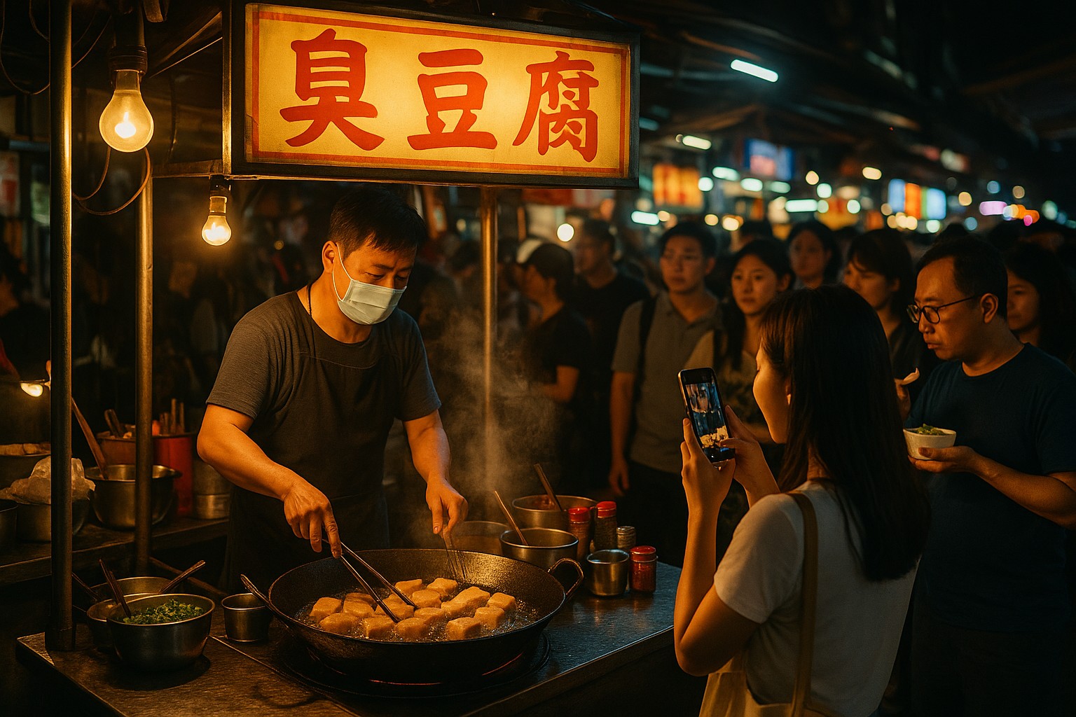 Eine nächtliche Straßenszene in einem belebten taiwanesischen Nachtmarkt mit Essensständen, hellen Lichtern und vielen Menschen.
