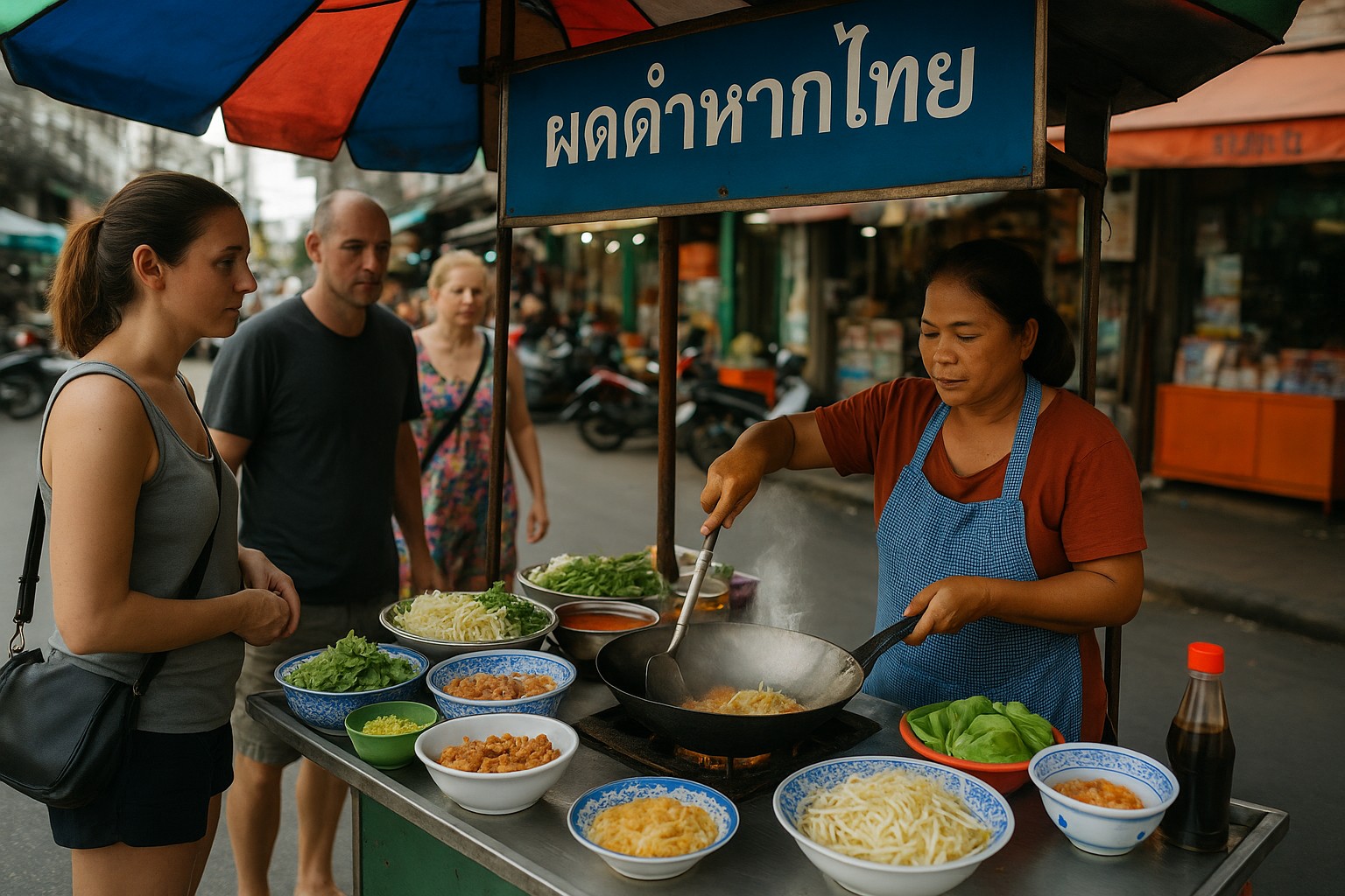 Eine thailändische Straßenverkäuferin kocht konzentriert an einem Garküchenstand unter einem bunten Regenschirm, während mehrere ausländische Touristen neugierig zusehen. Auf dem Tisch sind frische Zutaten in Schalen ausgebreitet, darunter Nudeln, Gemüse und Gewürze. Im Hintergrund sind Motorräder und Straßenszenen aus Bangkok zu erkennen.
