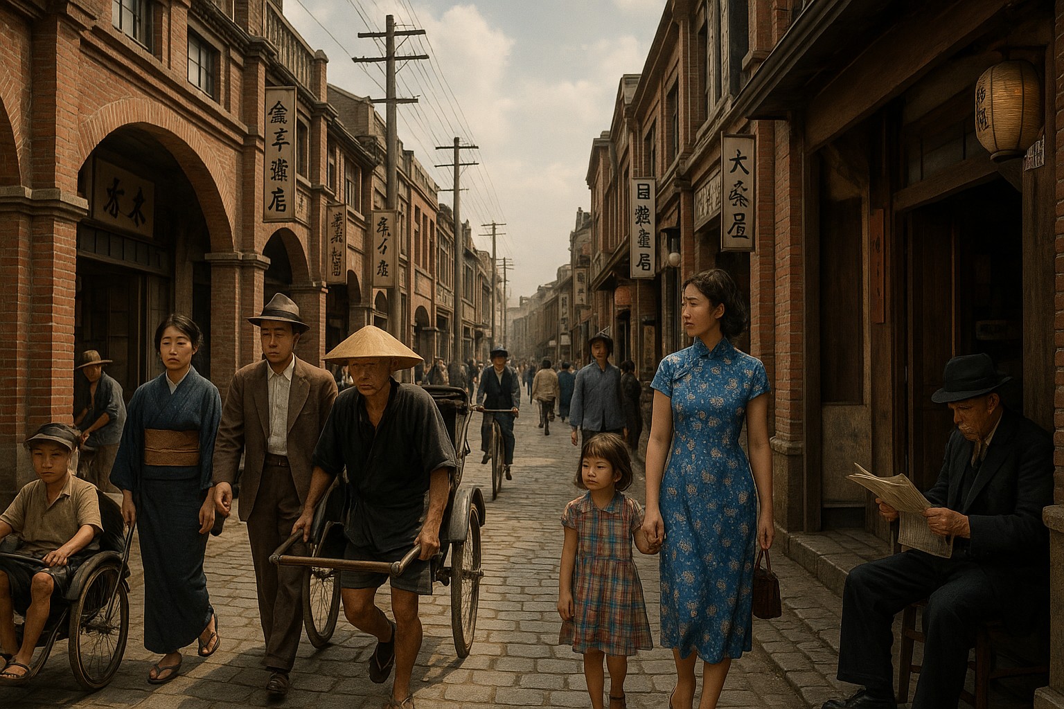 Eine farbige historische Fotografie zeigt eine belebte taiwanische Straße während der japanischen Kolonialzeit. Menschen in traditioneller japanischer und westlicher Kleidung schlendern zwischen roten Backsteingebäuden mit japanischen Schriftzeichen, während Rikschas und Kinder das geschäftige Straßenbild prägen.
