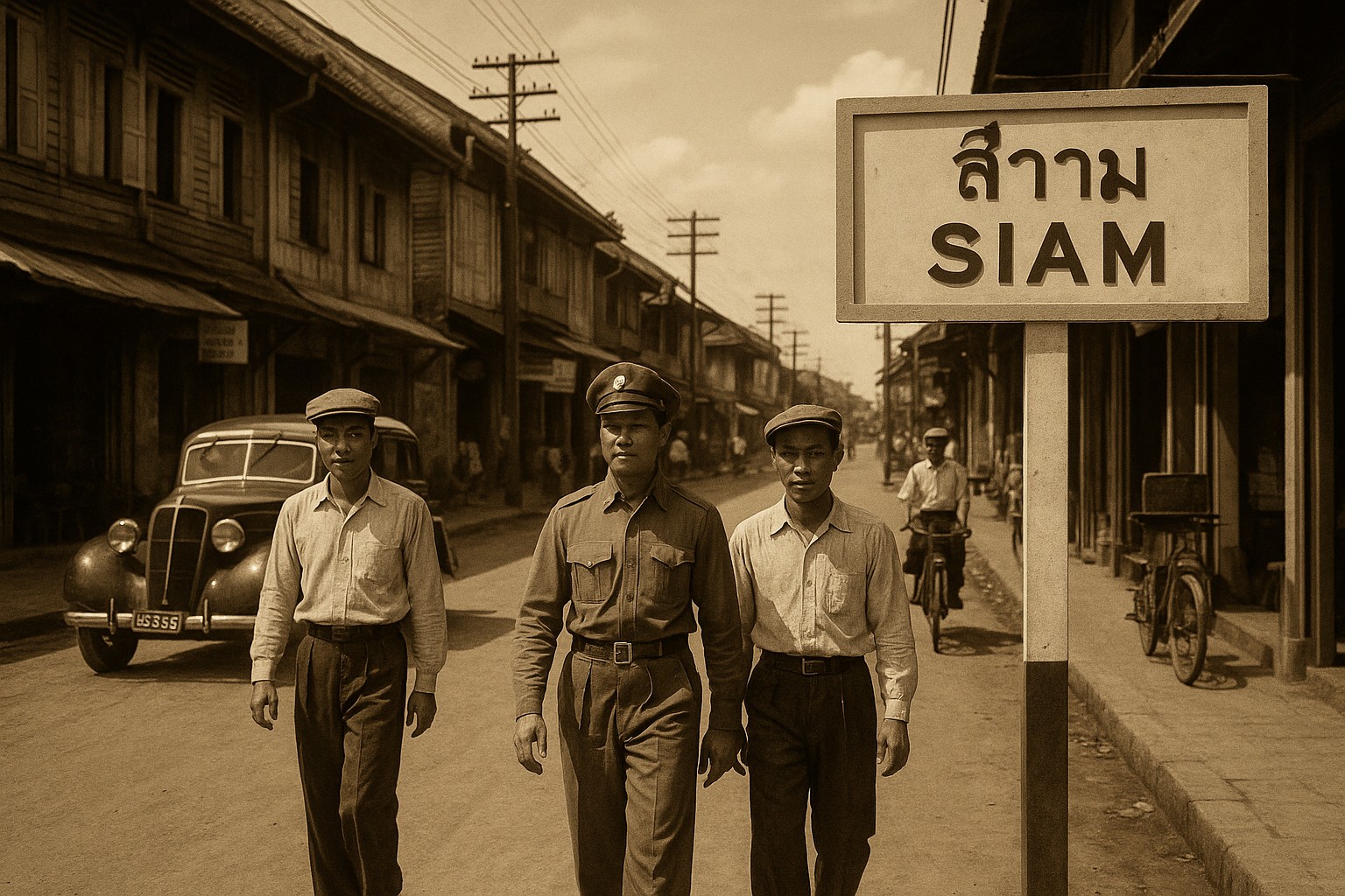 Historisches Foto aus den 1930er-Jahren zeigt drei Männer, darunter ein Uniformierter, die auf einer staubigen Straße mit alten Holzhäusern entlanggehen. Ein Straßenschild trägt den Namen "SIAM" auf Thailändisch und Englisch.
