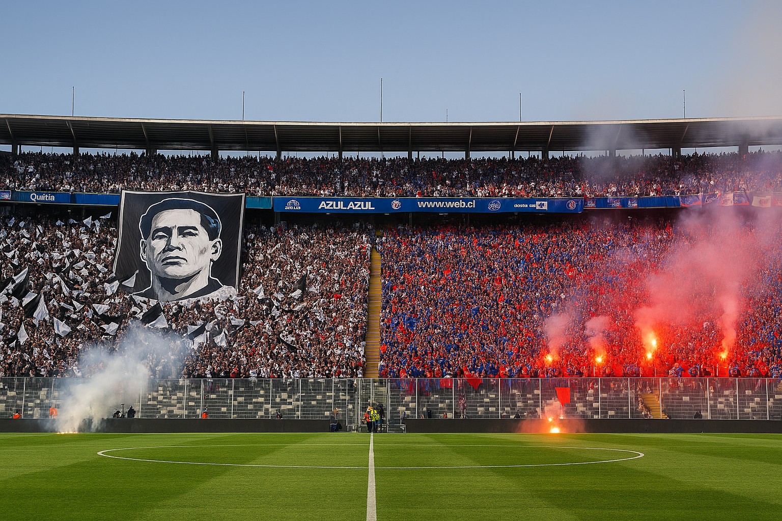 Schwarz-weiße Colo-Colo-Fans mit riesigem Porträt-Tifo auf der einen Seite, gegenüber rot-blaue Universidad-de-Chile-Anhänger mit Fackeln; dichter Rauch steigt über die vollbesetzten Ränge des Estadio Monumental.
