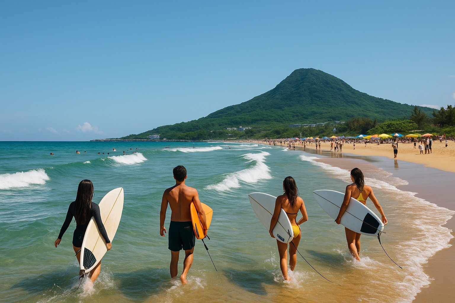 Vier junge Surferinnen und Surfer betreten das türkisfarbene Wasser am Fulong Beach in Taiwan, während im Hintergrund der Strand mit bunten Sonnenschirmen und Besuchern belebt ist und ein grüner Berg die Kulisse bildet.
