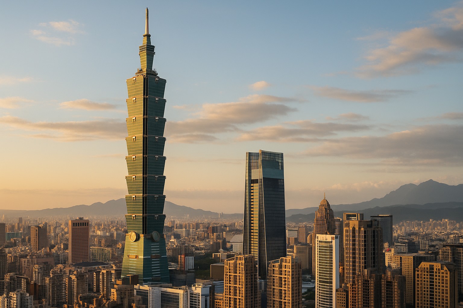 Ein hochauflösendes digitales Foto zeigt den Taipei 101 Wolkenkratzer bei Sonnenuntergang, umgeben von anderen modernen Hochhäusern in der Skyline von Taipeh, mit Bergen im Hintergrund und einem goldenen Licht, das die Stadt umhüllt.
