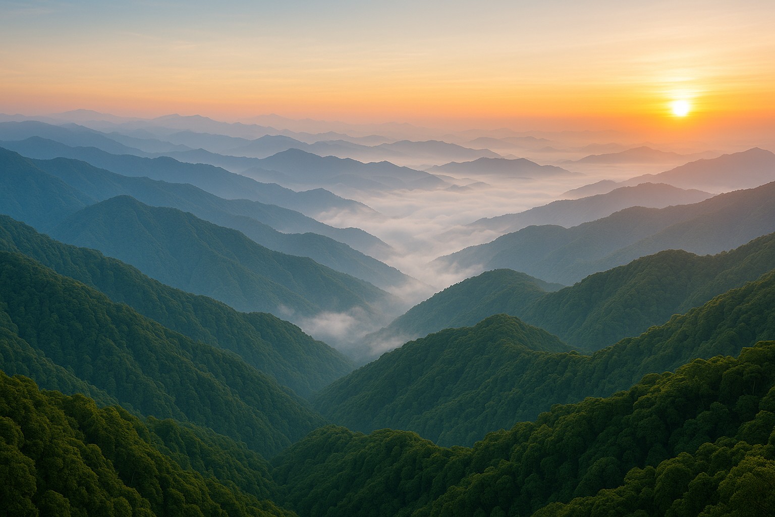 Ein hochauflösendes Luftbild zeigt ein Panorama der taiwanesischen Bergketten bei Sonnenaufgang, mit grünen Gipfeln und nebelgefüllten Tälern.
