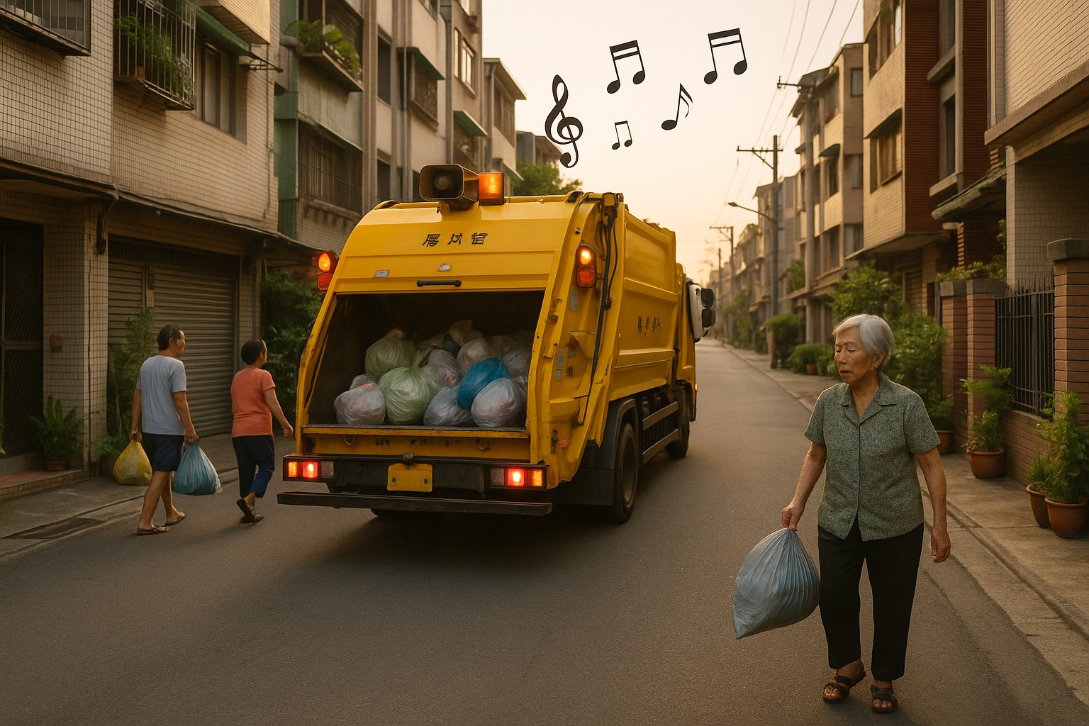 Eine gelbe Müllabfuhr in Taiwan hält in einer ruhigen Wohnstraße bei Sonnenuntergang, während mehrere Anwohner mit Müllsäcken herantreten.
