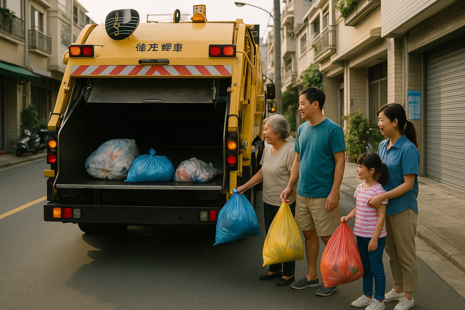 Eine taiwanische Familie steht auf einer sauberen Straße vor einem gelben Müllwagen und übergibt bunte Müllsäcke, während das Fahrzeug klassische Musik spielt – ein typisches Bild des taiwanischen Abfallsammelsystems.
