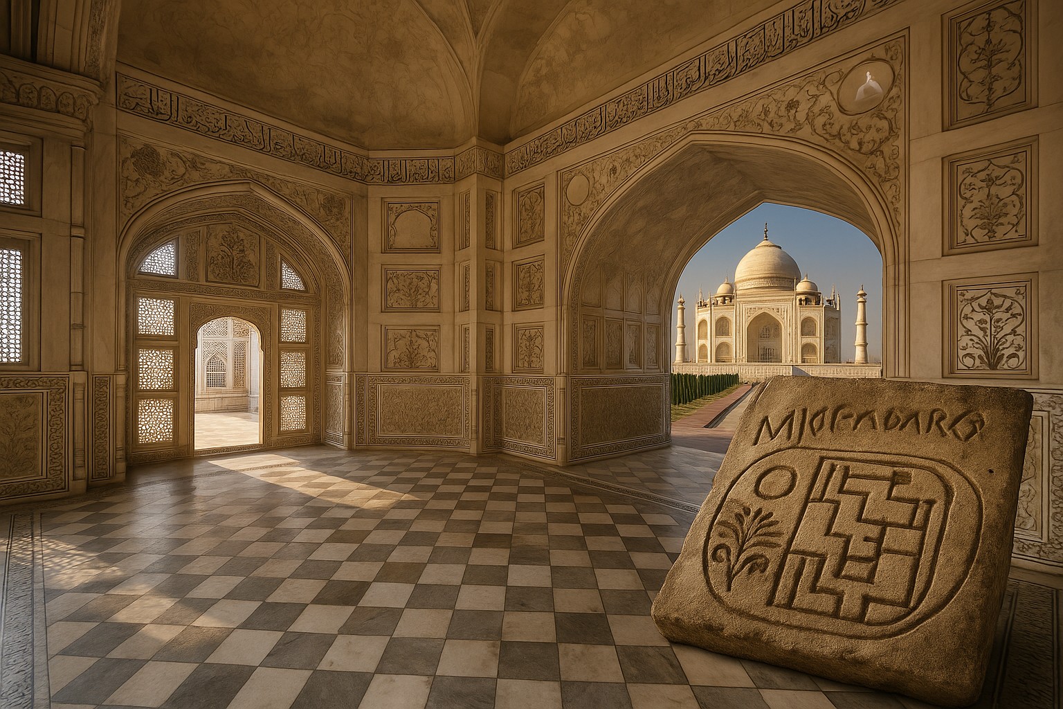 Ein Innenraum mit detaillierten Marmorverzierungen und Bögen des Taj Mahal, mit Blick auf das ikonische Mausoleum im Hintergrund und einer Steinplatte mit Mohenjo-Daro-Symbolik im Vordergrund.
