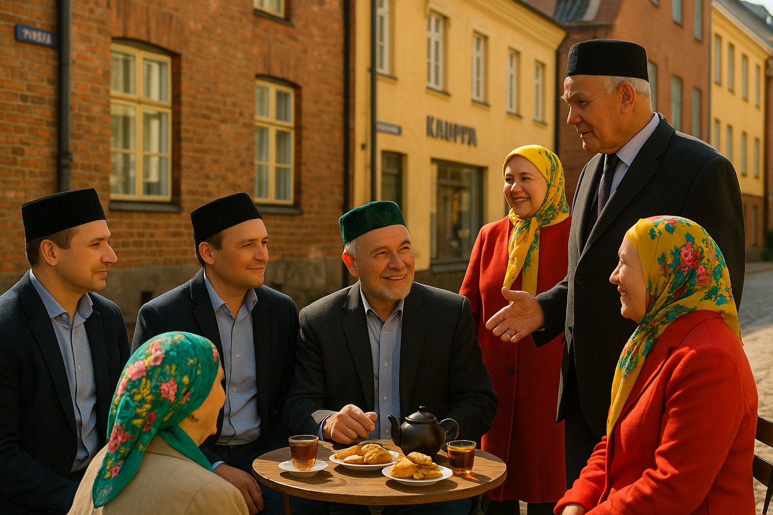 Gruppe von Tataren in Helsinki: Männer und Frauen unterschiedlichen Alters, teils in traditioneller tatarischer Kleidung mit Tubeteika-Hüten und bunten Kopftüchern, versammeln sich draußen um einen Tisch mit tatarischen Speisen und Tee. Im Hintergrund alte Backsteinhäuser im skandinavischen Stil und ein finnisches Straßenschild. Freundliche, sonnige Atmosphäre.
