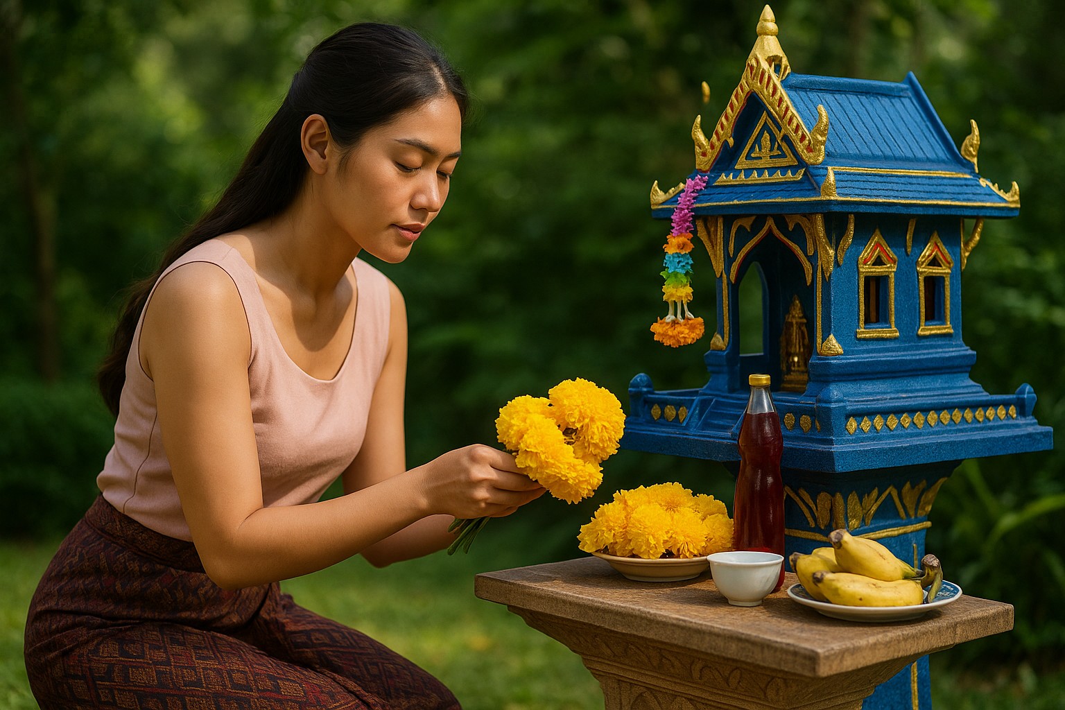  Eine junge thailändische Frau kniet in einem grünen Garten und legt respektvoll gelbe Blumen vor ein detailreich verziertes Geisterhäuschen, umgeben von Opfergaben wie Bananen und Getränken.
