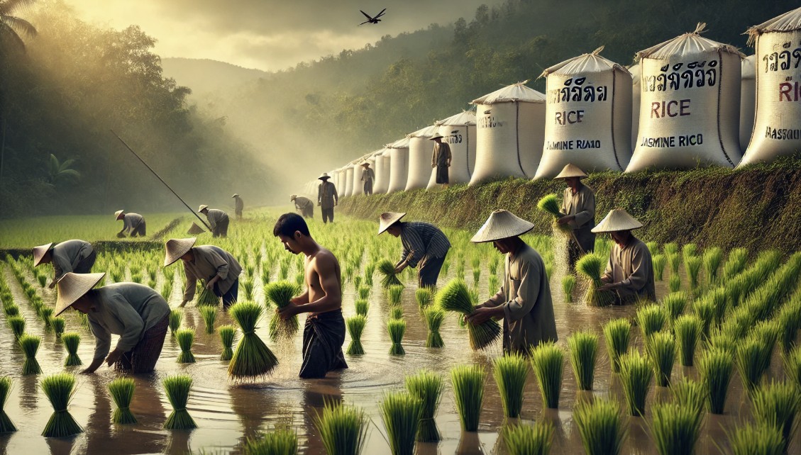 Thailändische Bauern arbeiten knietief im Wasser eines Reisfeldes. Im Hintergrund stehen Reissäcke mit thailändischer Aufschrift – ein realistischer Blick auf die Erntezeit in Zentralthailand.
