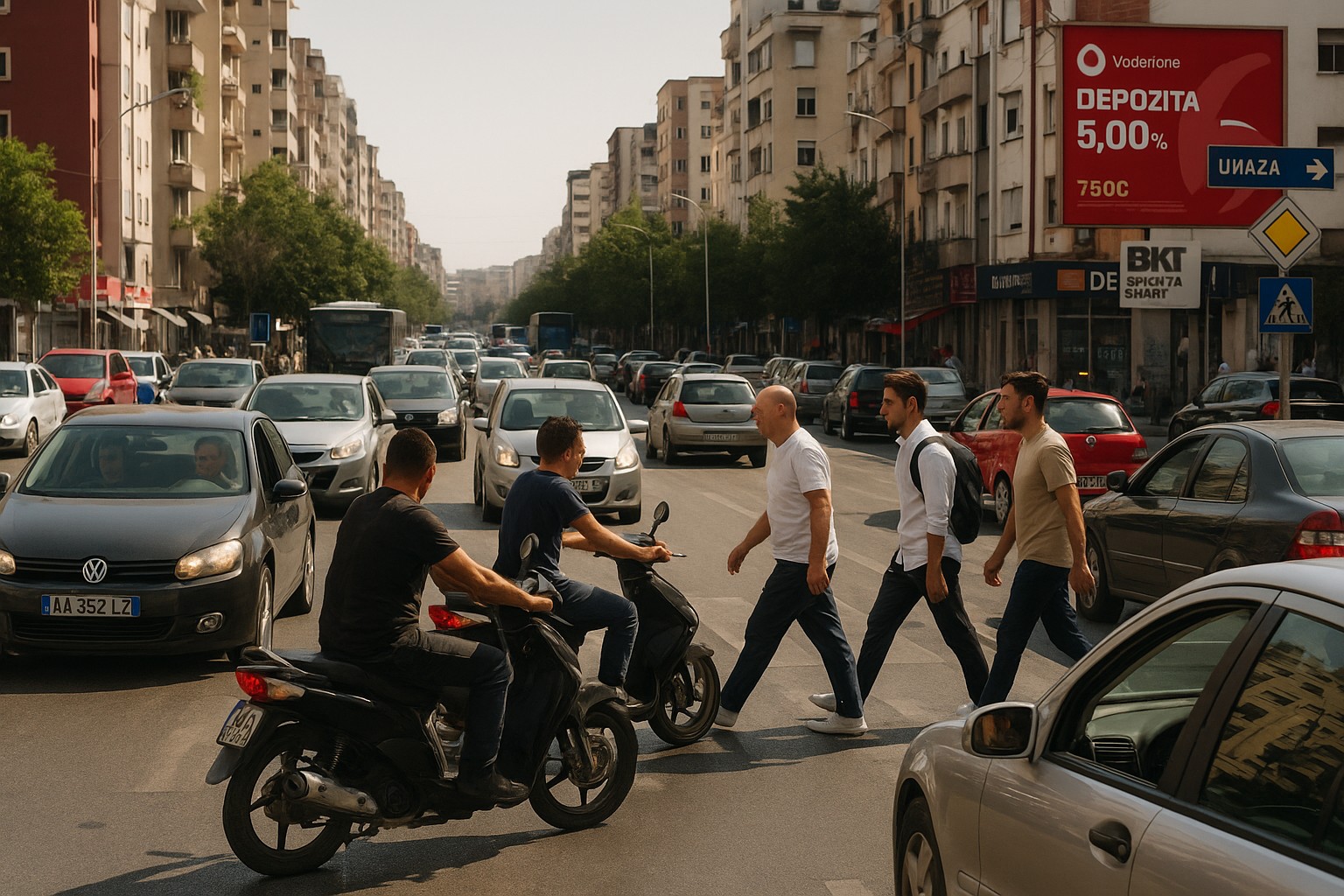 Hektische Straßenszene in Tirana mit jungen Autofahrern, Motorrädern, unsicheren Fußgängern und albanischen Schildern auf einem sonnigen Tag.
