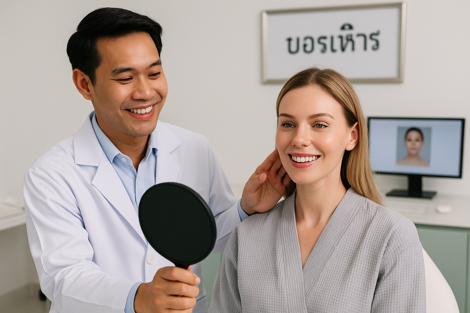 Ein thailändischer Arzt in weißem Kittel hält einer jungen, lächelnden westlichen Patientin einen Handspiegel hin, während sie in einer modernen Klinik sitzt.
