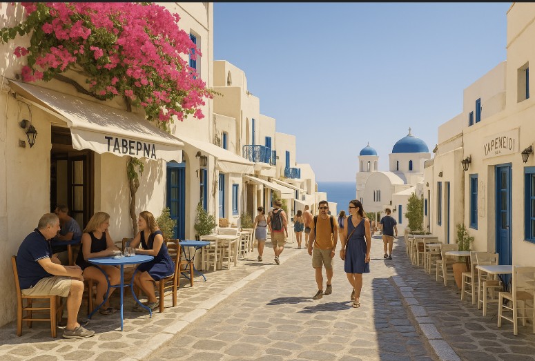 Sonnige Gasse auf einer griechischen Insel mit weißen Häusern, blauen Kuppeln, Cafés und Touristen, die entspannt spazieren oder sitzen.
