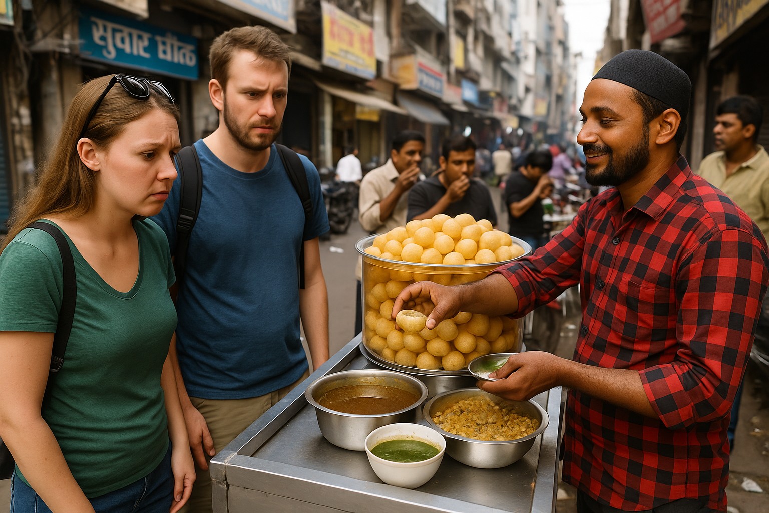 Eine belebte Straßenszene in Indien zeigt einen panierten Straßenverkäufer, der pani puri serviert, während zwei westliche Touristen – ein Mann und eine Frau – unsicher und neugierig zuschauen. Im Hintergrund erkennt man indische Schilder, Passanten und typische Straßenaktivitäten.

