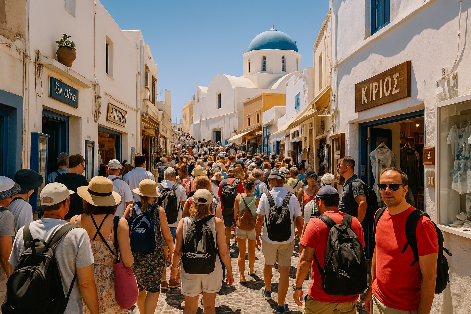 Überfüllte Gasse in Santorini mit zahlreichen Touristen, traditionellen weißen Häusern und blauer Kirche im Hintergrund.
