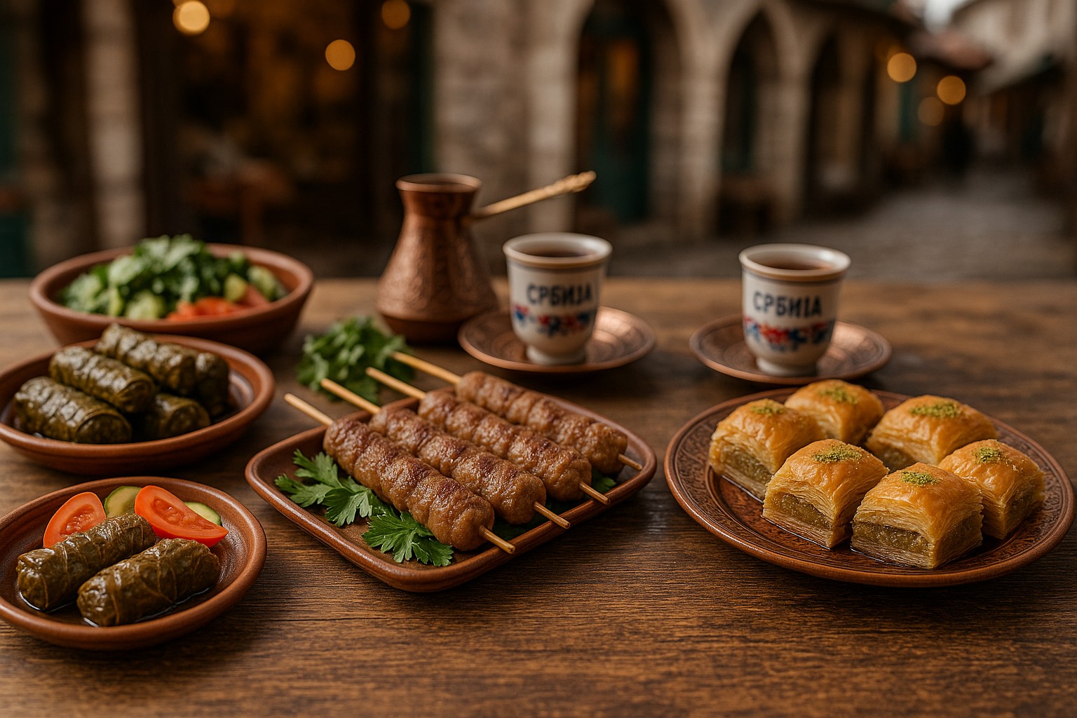 Traditionelle serbische und türkische Spezialitäten auf einem Holztisch, darunter gegrillte Fleischspieße, gefüllte Weinblätter, frischer Salat, Baklava und zwei Tassen Kaffee mit der kyrillischen Aufschrift „Србија“, serviert in Belgrads Altstadt.
