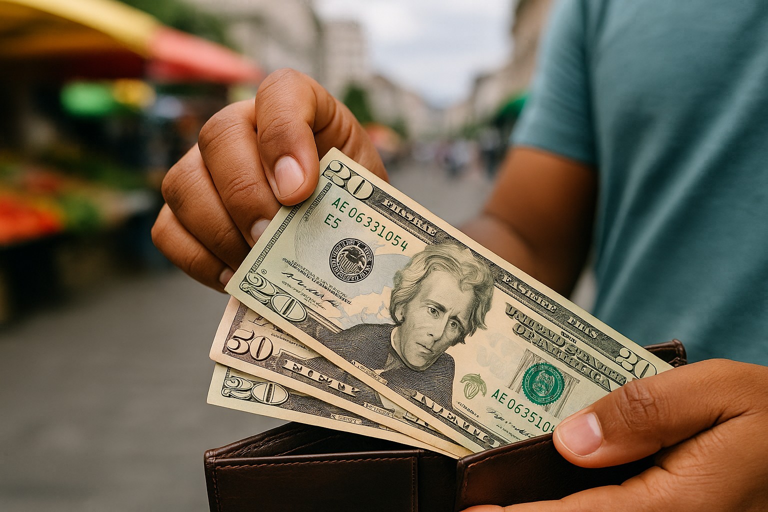 Eine Nahaufnahme zeigt eine mittelbraune Hand, die mehrere US-Dollar-Scheine aus einer abgenutzten Lederbrieftasche zieht, mit einem unscharfen Straßenmarkt im Hintergrund.
