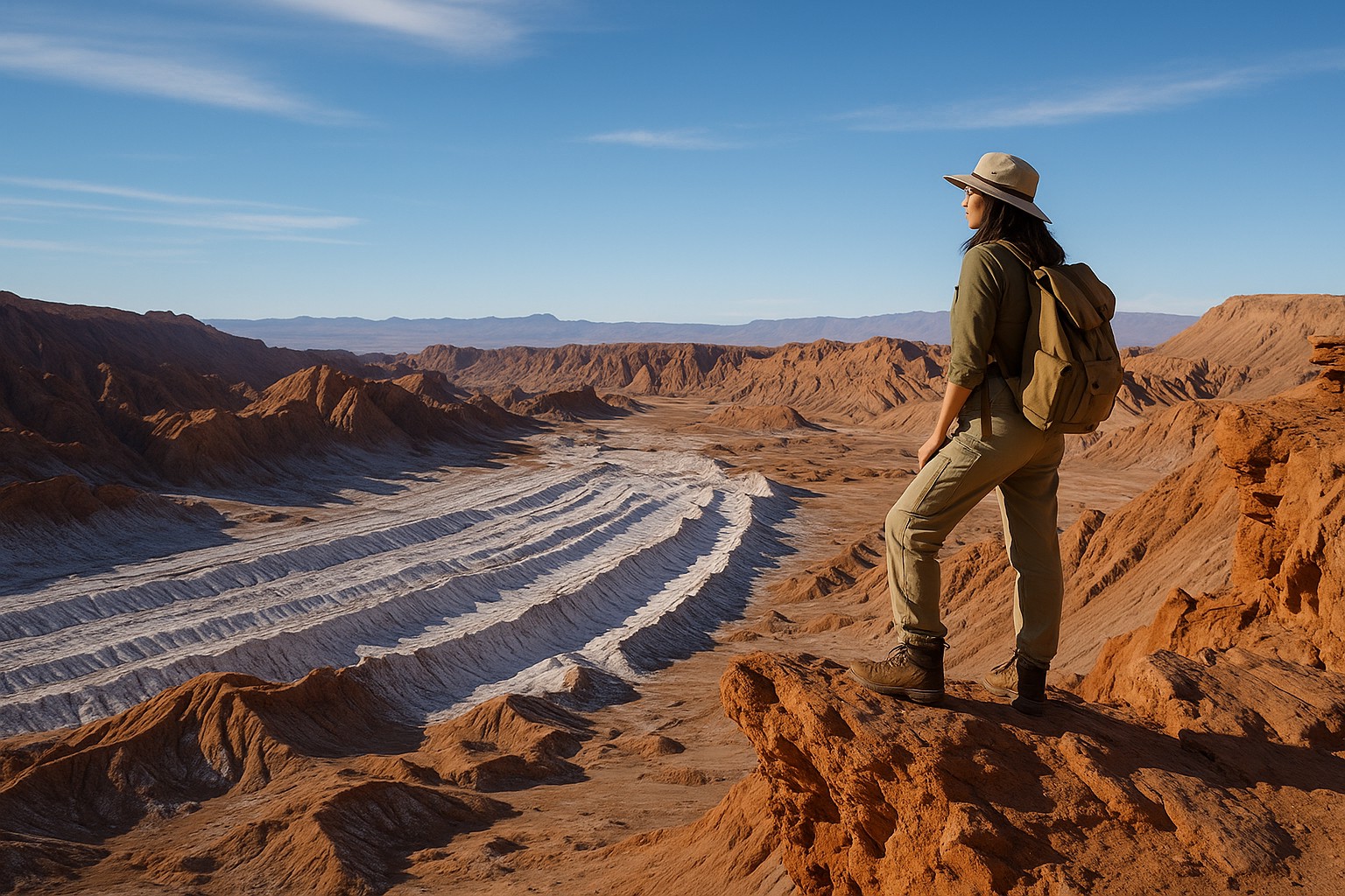 Eine Abenteurerin mit Hut und Rucksack steht auf einem roten Felsen und blickt über das bizarre Salz- und Sandband des Valle de la Luna; orangefarbene Hügel erstrecken sich bis zum Horizont unter wolkenlosem Himmel.
