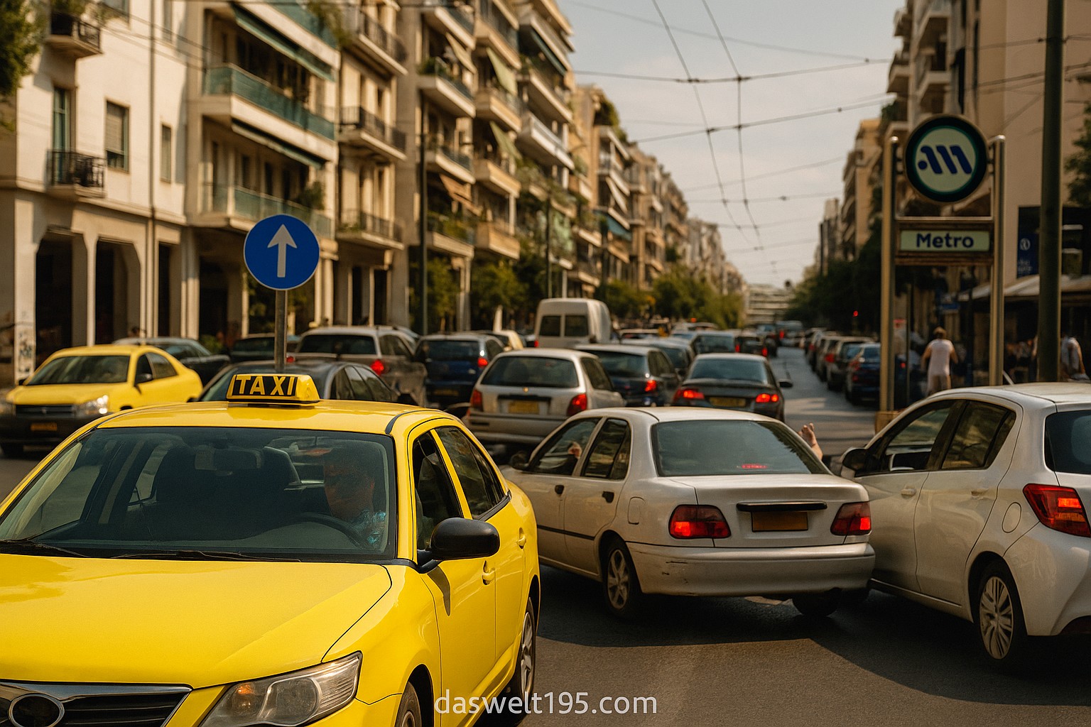 Verkehrschaos in Athen mit überfüllten Straßen, dichtem Verkehr und einem gelben Taxi im Vordergrund.

