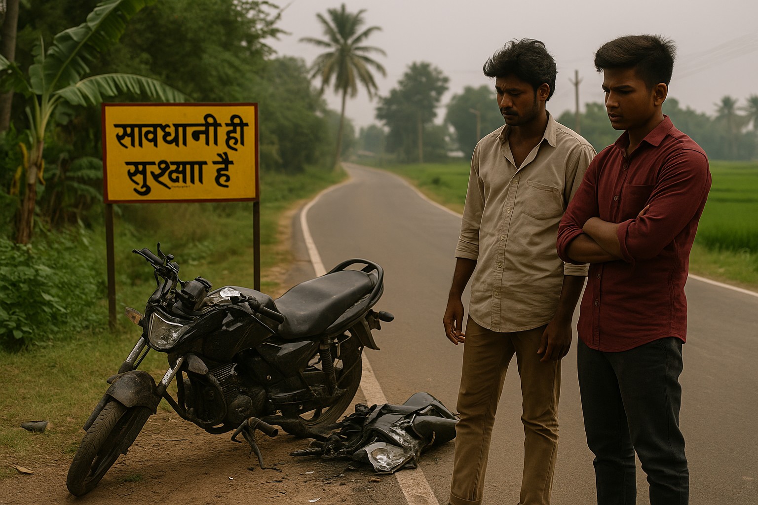 Zwei junge indische Männer stehen auf einer Landstraße neben einem beschädigten schwarzen Motorrad. Im Hintergrund befindet sich ein gelbes Schild mit Hindi-Schrift, das vor Gefahren warnt. Die Szene ist von grüner Landschaft und Palmen umgeben, unter einem bedeckten Himmel.
