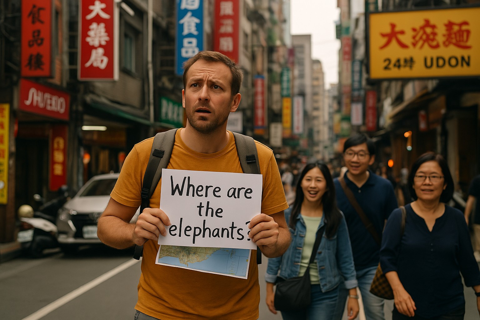 Ein verwirrter westlicher Tourist mit einem gelben T-Shirt steht mitten auf einer belebten taiwanesischen Straße und hält ein Schild mit der Aufschrift „Where are the elephants?“ in der Hand, während um ihn herum Einheimische lachen und farbige Leuchtreklamen auf Chinesisch leuchten.

